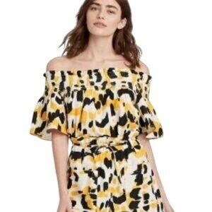 NWT XL/L Linen 2 Piece Top and Short Set Off-Shoulder Yellow Black Abstract